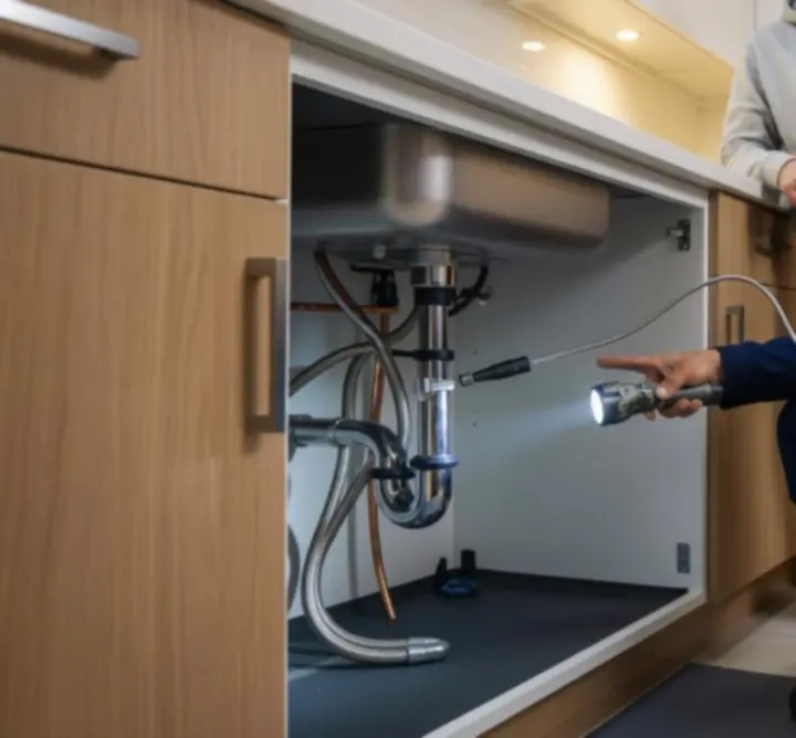 Licensed plumbing technician performing an on-site inspection and diagnosis.