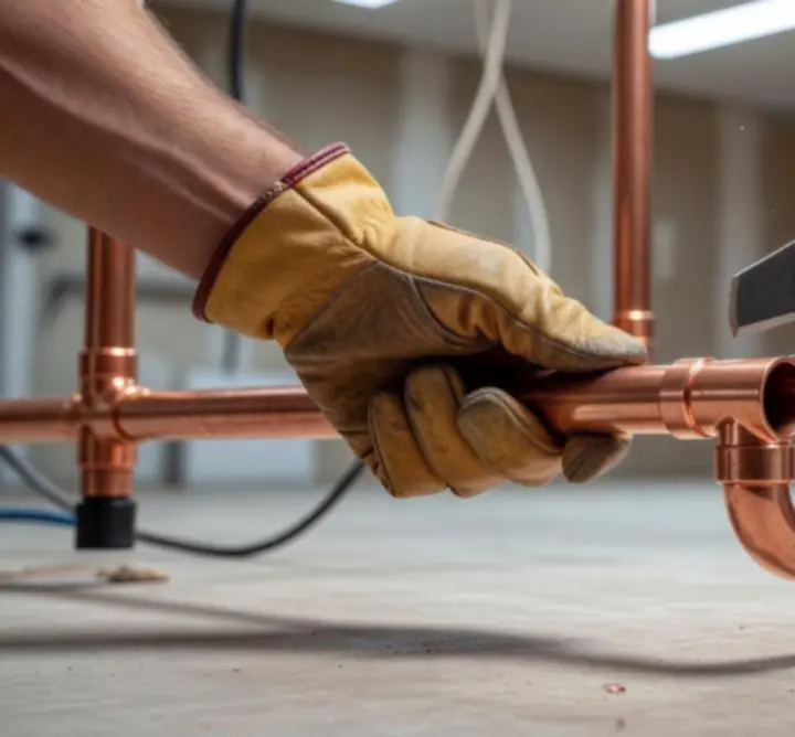 Close-up of professional pipe installation work