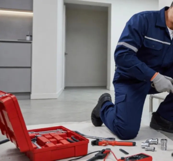 Plumber working on pipe installation at a commercial worksite