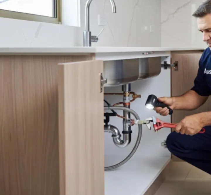 Plumber working on a modern home plumbing system