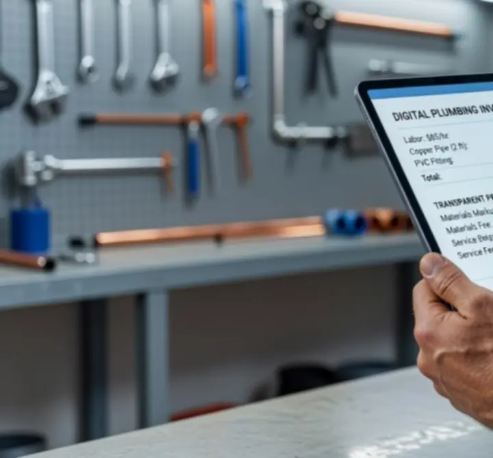 Plumbing invoice displayed on a tablet with clear itemised pricing